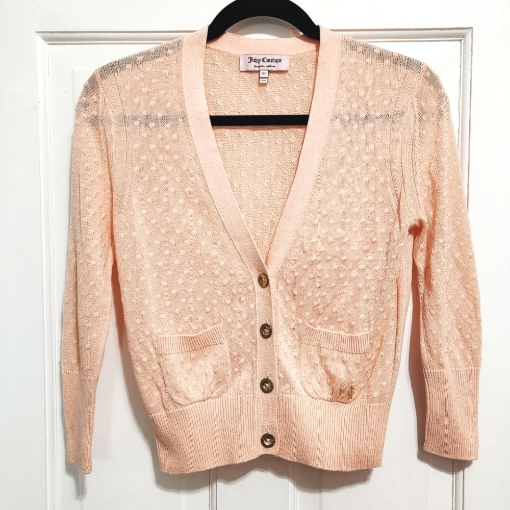 Juicy Couture Light Peach Pink Swiss Dot Two Pocket Button-Up Cardigan Sweater